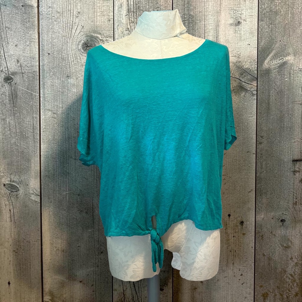 Chicos Linen Tie Front Top‎ Teal Green Short Sleeve Scoop Neck Blouse Size 2 (L)
